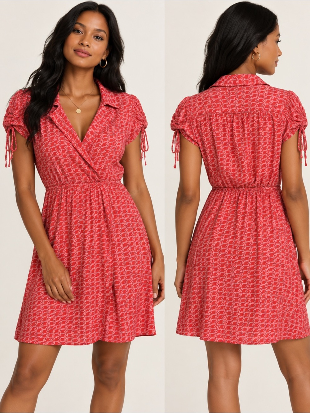 Maeve by Anthropologie Red Printed Ruched Sleeve Dress